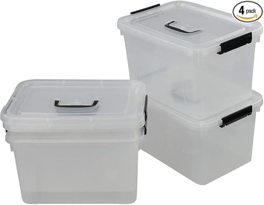10 L Plastic Plastic Storage Box, Clear Latch Box with Handle, Set of 4
