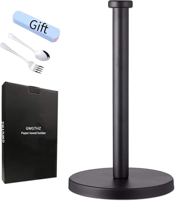 GWGTHZ Black Standing Paper Towel Holder for Kitchen& Bathroom Countertop,Under Counter, Table Or BBQ, Standard or Jumbo-Sized Roll Paper (with Stainless Steel Base)
