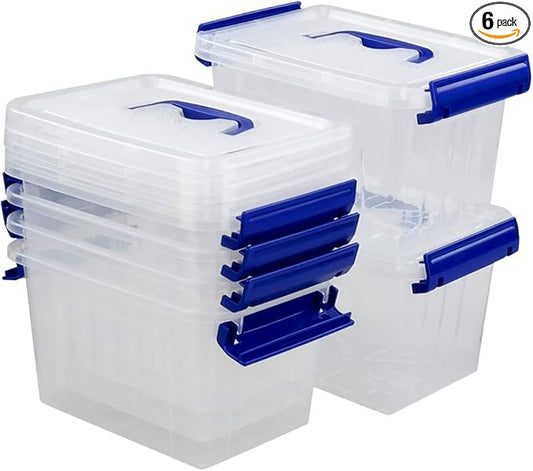 3 L Clear Storage Box, Small Plastic Storage Latch Boxes, 6-Pack
