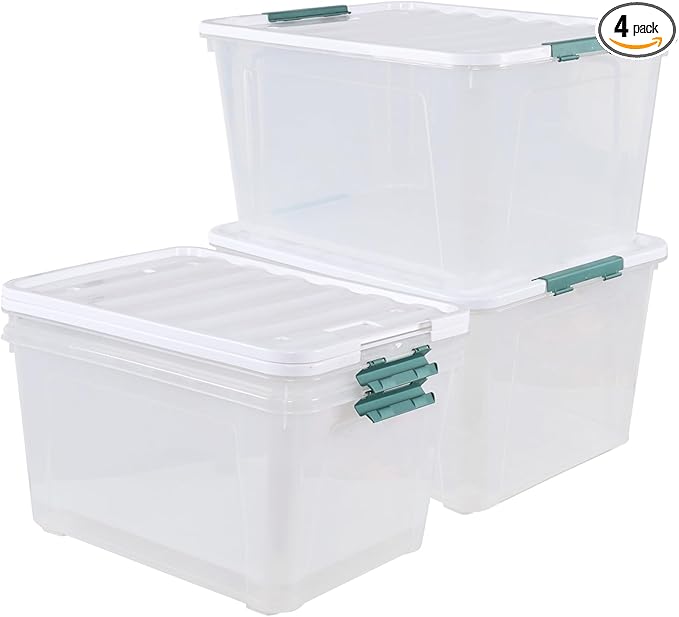 85 Quart Plastic Storage Bin with Wheels, Extra Large Clear Latching Container Box, 4 Pack