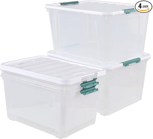 85 Quart Plastic Storage Bin with Wheels, Extra Large Clear Latching Container Box, 4 Pack