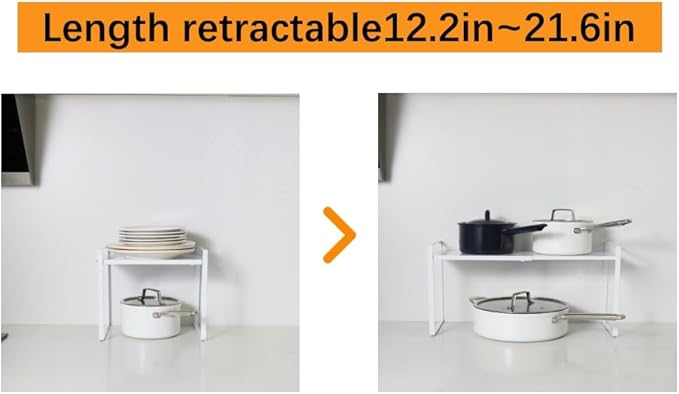 LJHFUQHUHU 2 Pack Expandable Cabinet Shelf Organizer Riser for Kitchen Pantry Cupboard Under Sink Countertop (2 Pack 8.2’’D * 12.2-21.6’’W * 10.4’’H) (White)