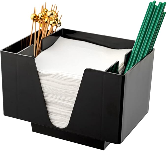 Restaurantware Bar Lux 7.9 Inch x 5.5 Inch Napkin Holder 1 3-Compartment Condiment Caddy - Rectangle Tabletop Black Plastic Napkin Caddy Refillable Easy Access