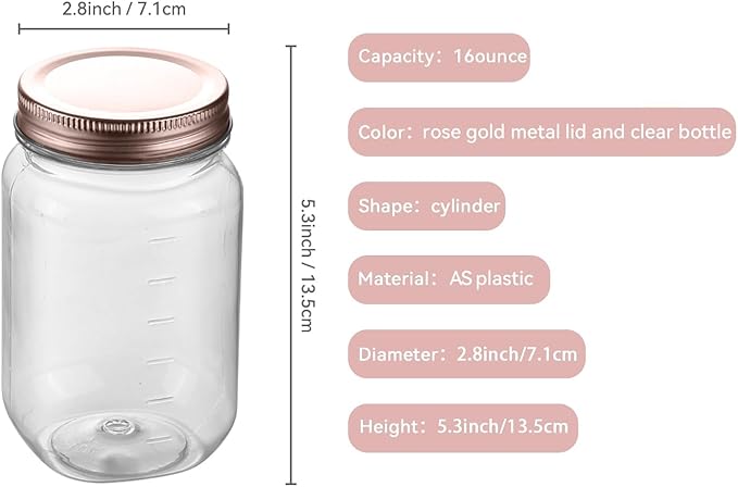 novelinks 16 oz Clear Plastic Jars with Lids, Refillable 16oz Mason Jars with Lids & Storage Containers for Kitchen & Household Use (10 Pack,Rose Gold)