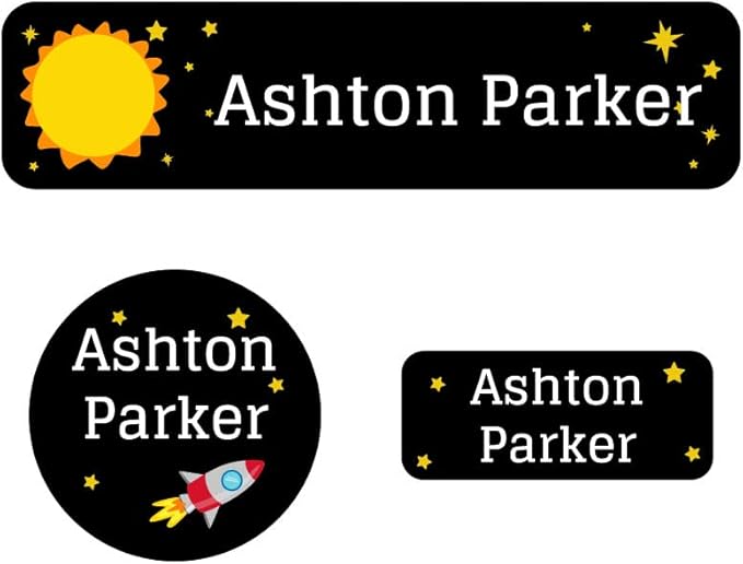 Name Bubbles - Kids Custom Name Labels for Daycare, School, Camp (144 Labels) - Personalized Waterproof Name Stickers for Clothes Tags, Lunch Boxes, Water Bottles, & School Supplies (Space)