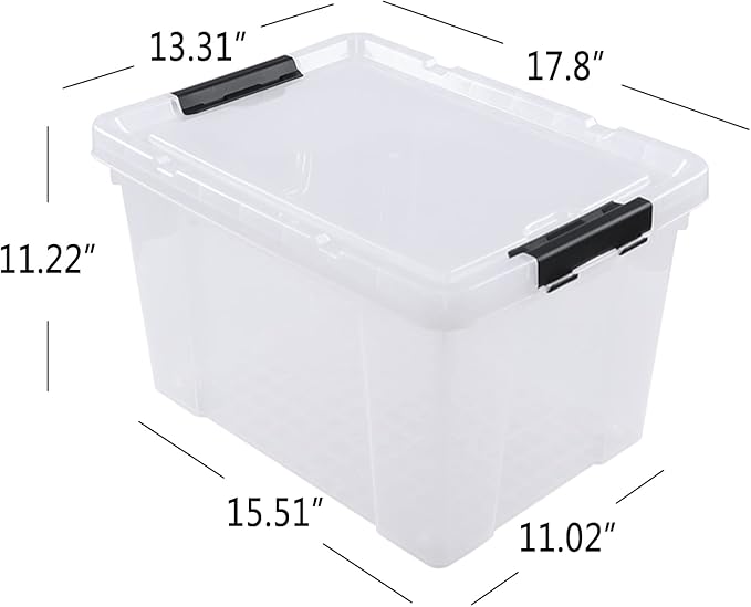 Obstnny 34 Quart Lidded Storage Bins 4 Packs, Plastic Latching Box with Wheels, Clear