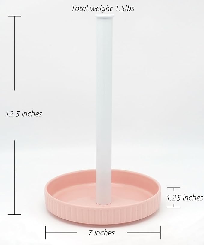 VROOMIUM Paper Towel Holder Countertop, Ceramic Base Easy-to-Clean, 1.5 lbs, 7" B x 12.5" H, Stable Elegant and Durable Kitchen Roll Stand, Cute Pink