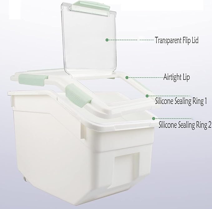 Large Flour Storage Container 25lb (2 Pack), Airtight Rice Containers with Lid, Wheels, Measuring Cup, Scoops, Grain and Sugar Dispenser, Pet Food Bin, for Kitchen Pantry Organization, Green