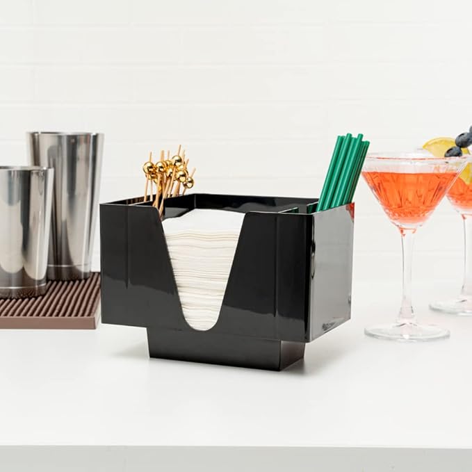 Restaurantware Bar Lux 7.9 Inch x 5.5 Inch Napkin Holder 1 3-Compartment Condiment Caddy - Rectangle Tabletop Black Plastic Napkin Caddy Refillable Easy Access