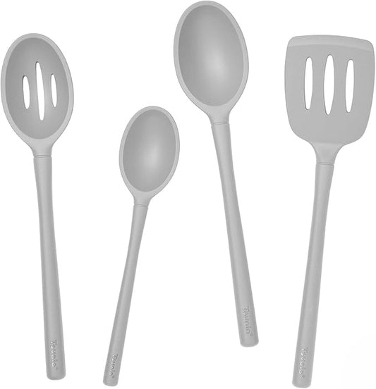 Tovolo Kitchen Utensils Set Silicone BPA Free Oyster Gray Flex Core Set of 4 Bundle Deep Slotted Small Spoons Slotted Turner Spatula Heat Resistant, Dishwasher Safe Cooking Utensils Set Gray Non Toxic
