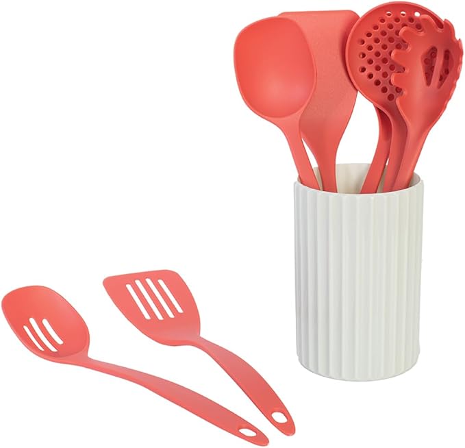 Glad Kitchen Utensils Set, 8pcs - Nonstick Cooking Tools with Utensil Holder - Nylon Spoon, Ladle, Skimmer, Spaghetti Server, and Turner Spatula Set - Dishwasher Safe, Rust
