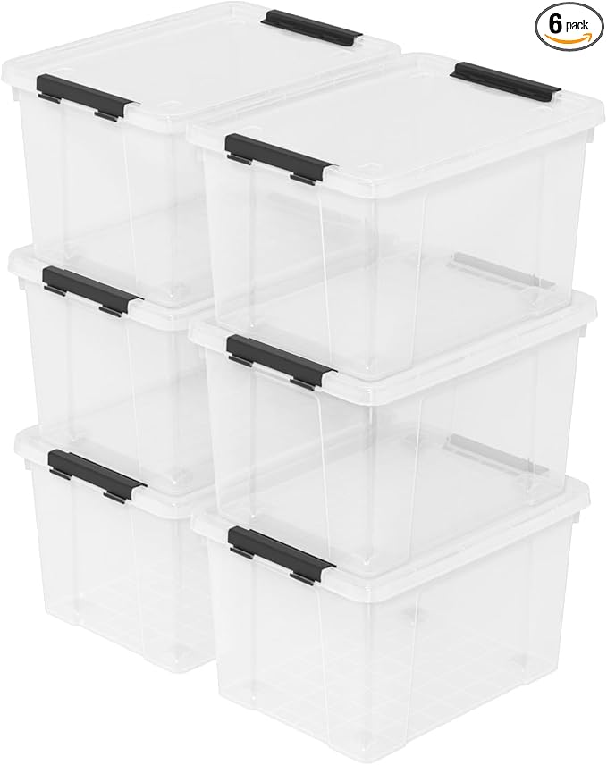 Sandmovie 6 Pack 22 Quart Plastic Clear Storage Box with Wheels, Plastic Latching Bins with Lids