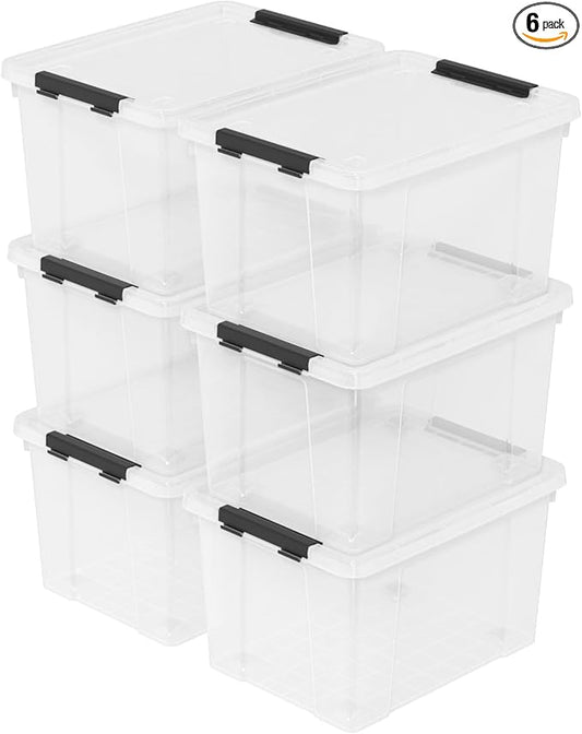 Sandmovie 6 Pack 22 Quart Plastic Clear Storage Box with Wheels, Plastic Latching Bins with Lids