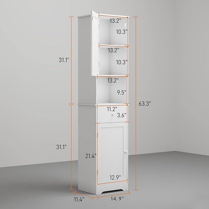 Viaozutis Tall Bathroom Cabinet, Storage Cabinet with 2 Doors & 2Drawer, with Ajustable Shelve, for Bathrooms, Kitchens,Entrances,Bedrooms（White）