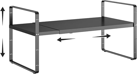 jkxoo 16.5-27’’L Expandable Cabinet Shelf Organizers, Stackable Metal Shelves Extender for Kitchen Countertop Storage, Adjustable Spices Shelves Rack Stand for Cupboard Pantry, Black