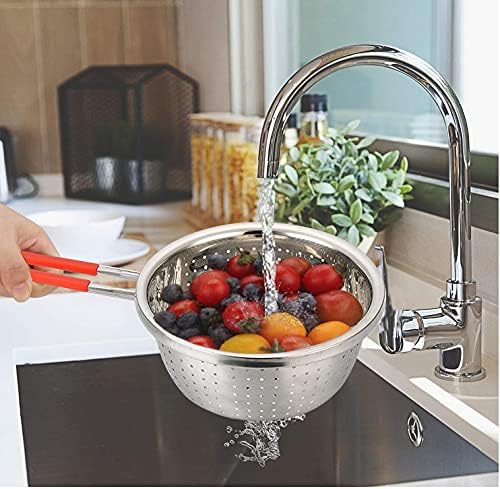 Contiup Stainless Steel Perforated Metal Colander Strainer with Long Red Handle Sieve Sifters Use for Kitchen Food Pasta Noodles Spaghetti Vegetables Silver - 7.9inch