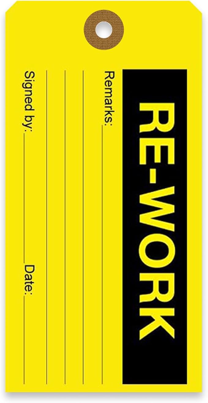Tags 4 Less Production Quality Control Hang Tags – Equipment Preventative Maintenance Labels, for Easy Record-Keeping for Inventory Status (Re Work, Pack of 100)