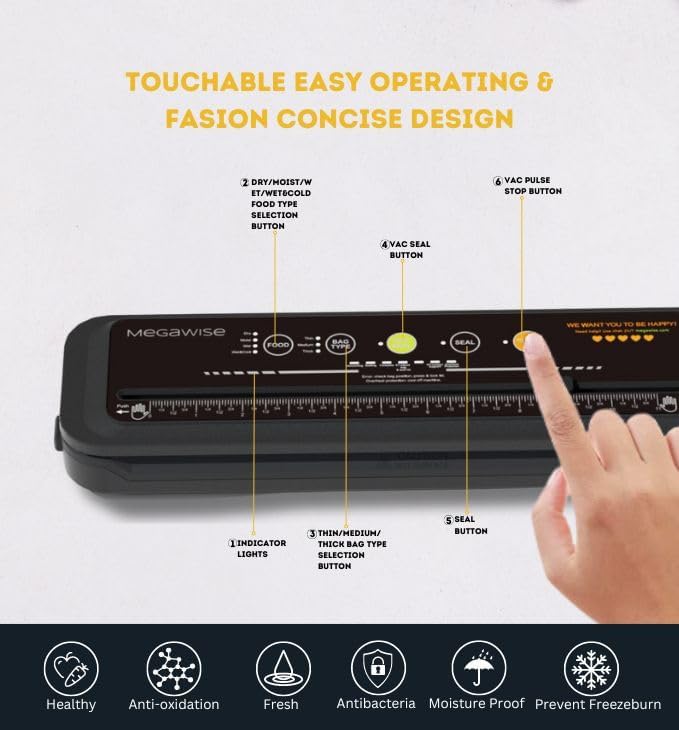 MEGAWISE Model B 2025 Vacuum Sealer | Powerful & Compact | One-Touch Automatic Food Sealer for Cold, Wet, Moist, and Dry Foods | Compatible with Thick, Medium, and Thin Bags | OMNI MACHINE (Black)