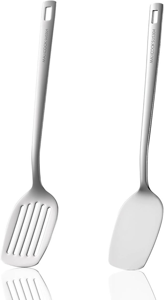 MAXCOOK Stainless Steel Spatulas Set, 2 Pcs Metal Spatula Wok Turner, Silver Slotted Turner, Solid Turner, Wok Spatula Kitchen Cooking Tools for Sauteing, Flipping, Grilling (Dishwasher Safe)