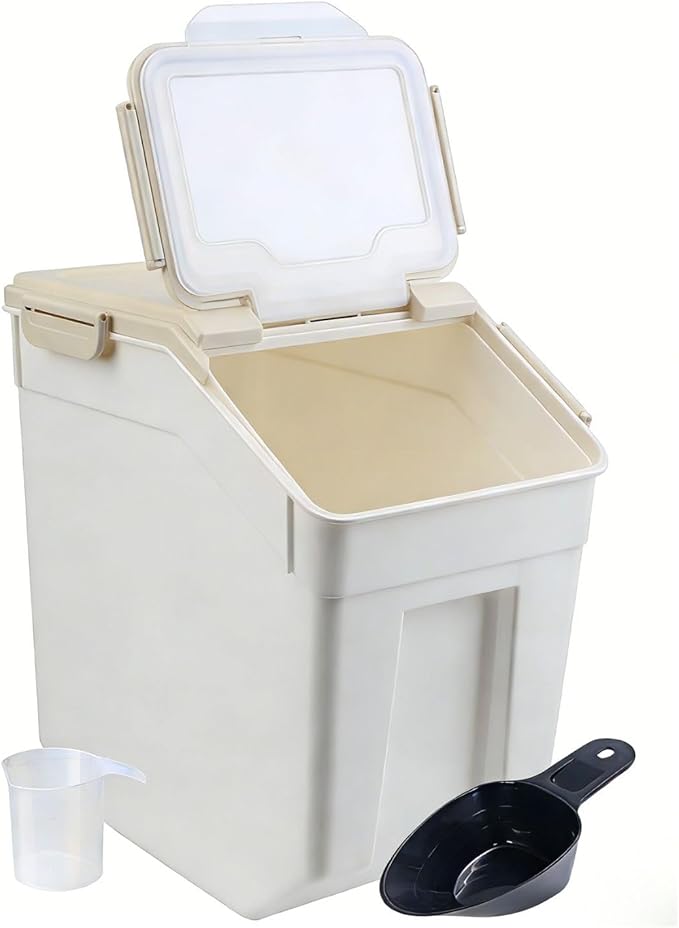 Saim Rice Container 25 lbs Set of 4, Flour Storage Container with Measuring Cup & Scoop, BPA Free Rice Dispenser, Cereal & Dry Food Bin, Kitchen Organizer for Beans, Oatmeal and Grains (Gray)