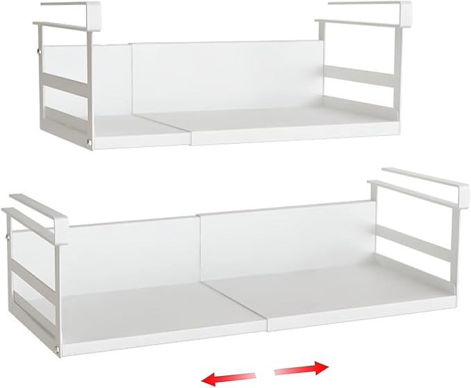 SHINEWON Expandable Under Cabinet Shelf Organizer with 0.94-Inch Thick Clips, Heavy Duty Extendable Under Shelf Storage Basket for Pantry or Laundry Room, White, 2 Pack, Interior: 4.13" H x 7.2" D