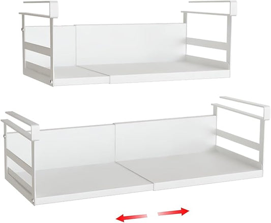 SHINEWON Expandable Under Cabinet Shelf Organizer with 0.94-Inch Thick Clips, Heavy Duty Extendable Under Shelf Storage Basket for Pantry or Laundry Room, White, 2 Pack, Interior: 4.13" H x 7.2" D