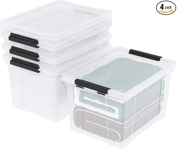 Sandmovie 40 Quart Clear Large Plastic Storage Bin, Latching Storage Box with Lids and Wheels, Pack of 4