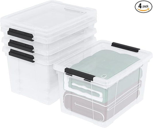 Sandmovie 40 Quart Clear Large Plastic Storage Bin, Latching Storage Box with Lids and Wheels, Pack of 4