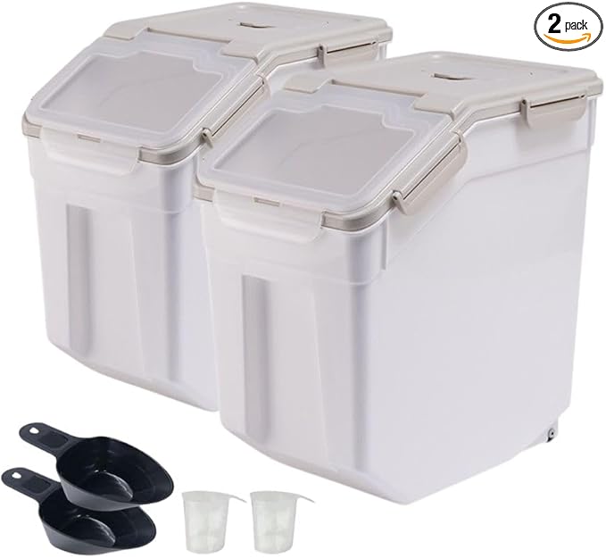 50 lb Flour Storage Container, 2 Pack Rice Storage Container with Measuring Cup/Wheels Seal Locking Lid for Flour, Rice, Grain, Cereal, Dry Food Dispenser Organizer Storage Bin (Grey)