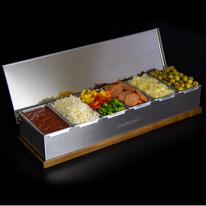Pinnacolo 6 Slot Condiment Carrier, Stainless Steel Holders, Silicone Lids, and Gel Packs - Portable and Versatile for Outdoor BBQs and Parties