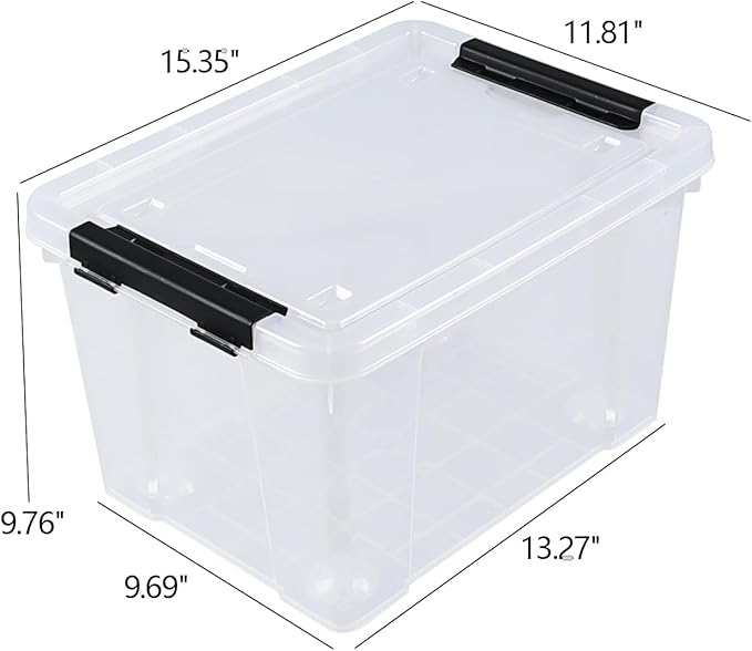 Morcte 23 L Plastic Clear Storage Bin with Lids and Latching Buckles, 4-Pack Stackable Clear Storage Box with Wheels