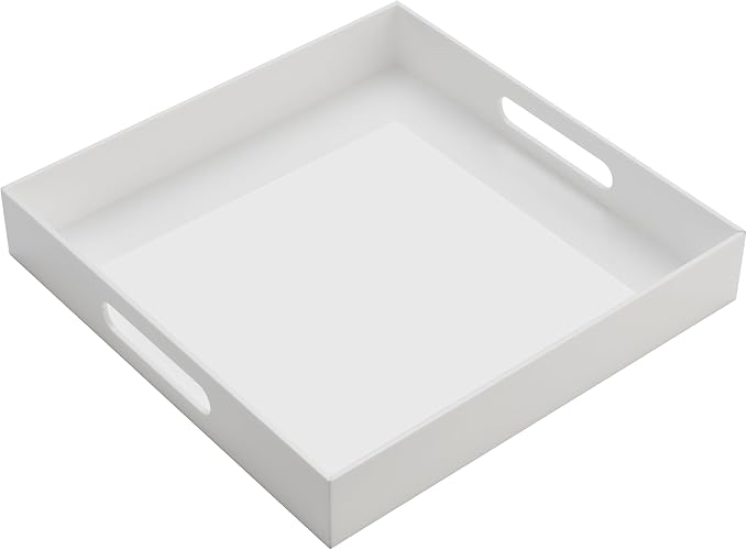 KEVJES Glossy White Acrylic Serving Tray with Handles-Butler Trays for Coffee Table, Snacks,Breakfast in Bed, Kitchen Countertop,Vanity,Makeup Organizer,Ottoman (White, 12x12 Inches)