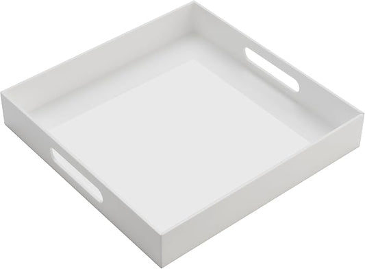 KEVJES Glossy White Acrylic Serving Tray with Handles-Butler Trays for Coffee Table, Snacks,Breakfast in Bed, Kitchen Countertop,Vanity,Makeup Organizer,Ottoman (White, 12x12 Inches)