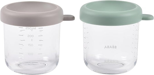 BEABA 2 Pack Glass Baby Food Jars with Soft Silicone Air Tight Lids, 8 oz Glass Storage Containers with Lids, Microwave and Freezer Safe Containers, Sage