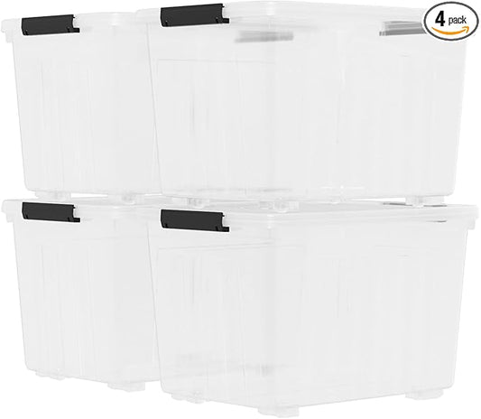 4-Pack Secure Latch, Clear Plastic Storage Organizer Bins, 70 L, Heavy-Duty Container Boxes with Lids for Home, Office, and Garage