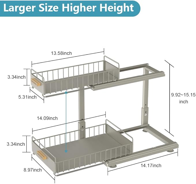 HOMEBOSILY Under Sink Organizer, Pull Out Kitchen Cabinet Organizer 2 Tier Slide Out Under Sink Organizers and Storage, Sink Shelf Cabinet Storage Shelves for Kitchen Bathroom Pantry, Grey