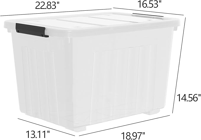 70 Quart Large Plastic Storage Box, Clear Latching Bin with Lid and Wheels, 4 Packs