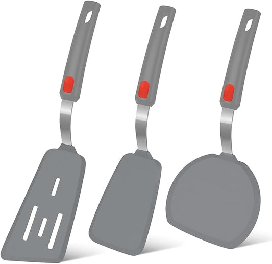 Silicone Spatula Turner Set of 3, Beijiyi 600°F Heat Resistant Cooking Spatulas for Nonstick Cookware, Large Flexible Kitchen Utensils BPA Free Rubber Spatula Set for Egg, Pancake, Fish (Gray)