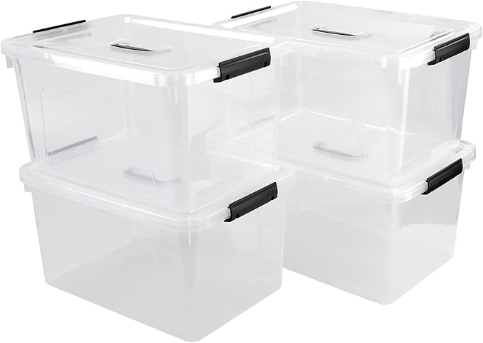 Zopnny 4-Pack 18 L Plastic Storage Box Container, Clear Latch Bin with Handle and Lid