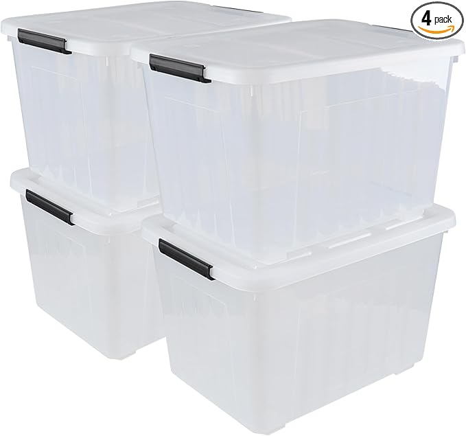 Wekioger 70 Quart Large Lidded Storage Bin 4 Packs, Plastic Latching Storage Container Box with Wheels