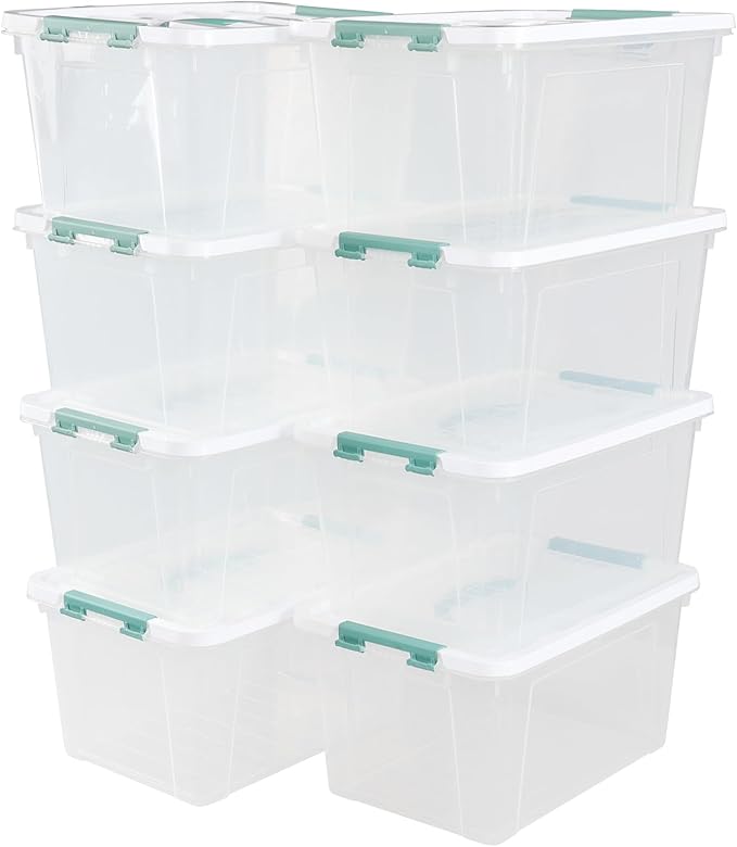 Pekky 14 Quart Plastic Lidded Storage Bins Set of 8, Clear Latching Storage Box with Handle
