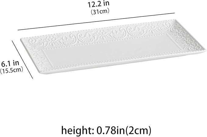 MVYAVYUS Rectangular Embossed Serving Platter Set, 12 Inch Large Serving Plates, Stackable Serving Tray for Wedding, Ceramic White Serving Platters for Entertaining, Dishwasher & Oven Safe (4PCS)