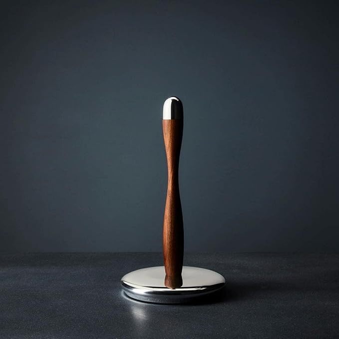 nambe Curvo Paper Towel Holder | Wooden Paper Towel Stand for Countertop | Kitchen Roll Holder with Weighted Base | Made of Acacia Wood and Metal Alloy | 7.5 x 13 Inch