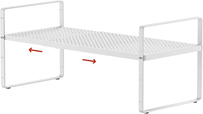 jkxoo Expandable Cabinet Shelf Organizers, Stackable Metal Shelves Extender for Kitchen Countertop Storage, Adjustable Spices Shelves Rack Stand for Cupboard Pantry, White
