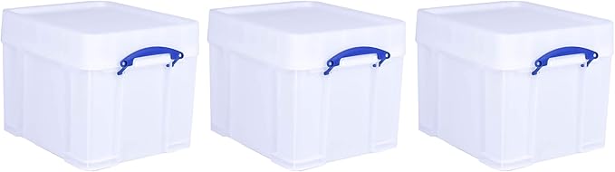 Really Useful Box 35 Liter Extra Strong Plastic Storage Box with XL Snap Lid and Clip Lock Handle for Lidded Home and Item Storage Bin, 3 Pack, White