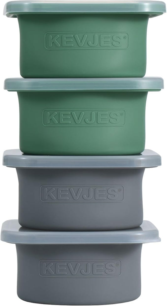 KEVJES PLUS-1000ml Pizza Dough Proofing Box for DIY Artisan Pizza, Food Grade Silicone Stackable Containers with Lids. Freezer, Fridge, Dishwasher Safe (2Green Plus+2Space Grey Plus)
