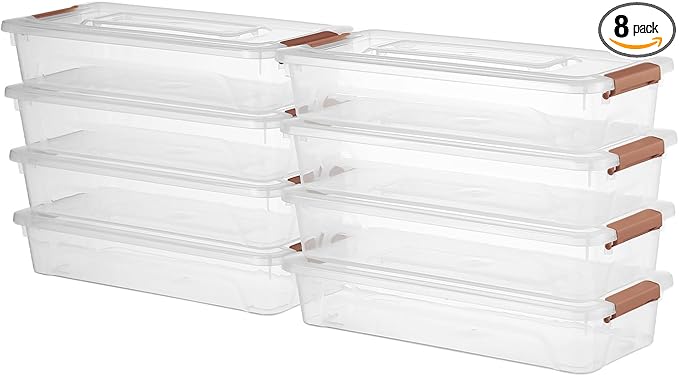 novelinks Clear Stackable Storage Bins with lid Storage Boxes Durable Plastic Organizer Containers for Home Office, Kitchen, Craft Supplies (4 Quart 8 Pack Brown)