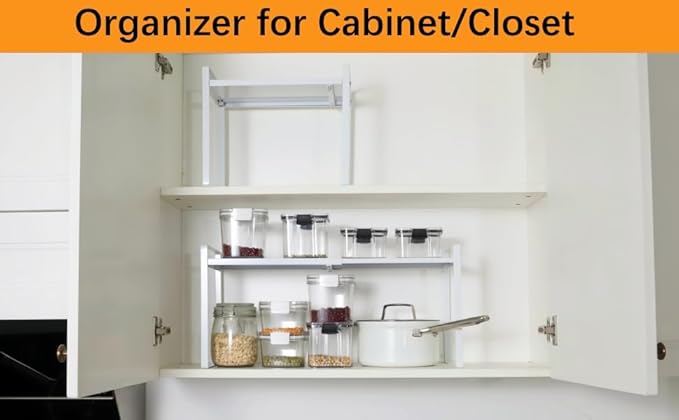 LJHFUQHUHU 2 Pack Expandable Cabinet Shelf Organizer Riser for Kitchen Pantry Cupboard Under Sink Countertop (2 Pack 8.2’’D * 12.2-21.6’’W * 10.4’’H) (White)