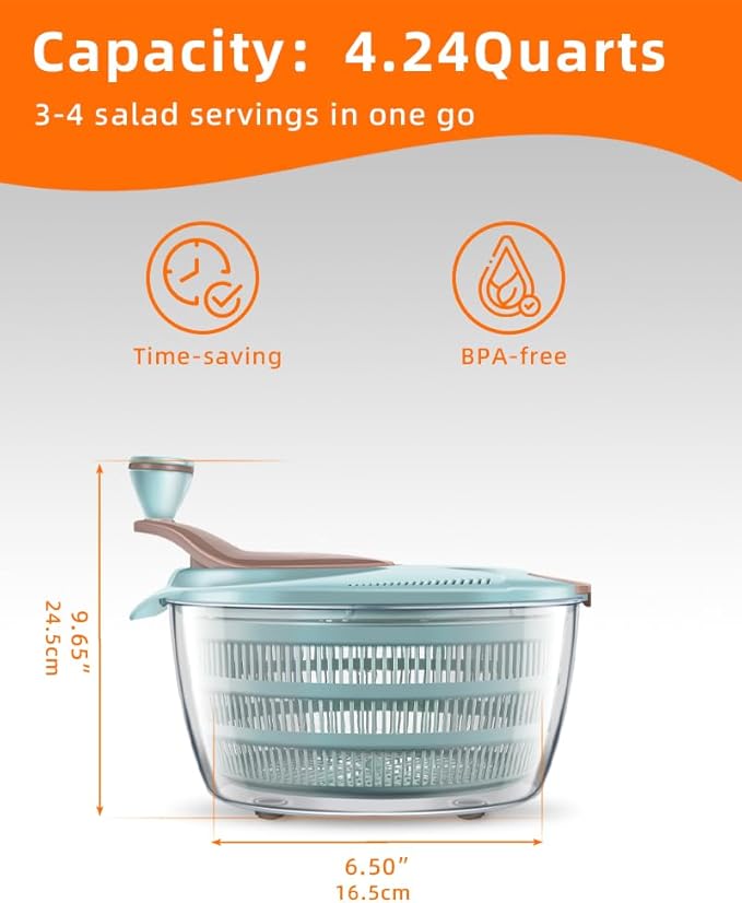Brigii Salad Spinner, 4.24 Quart Lettuce Spinner with Double Drainage Holes, Salad Dryer for Washing, Spinning, and Draining Greens, Fruits, and Vegetables
