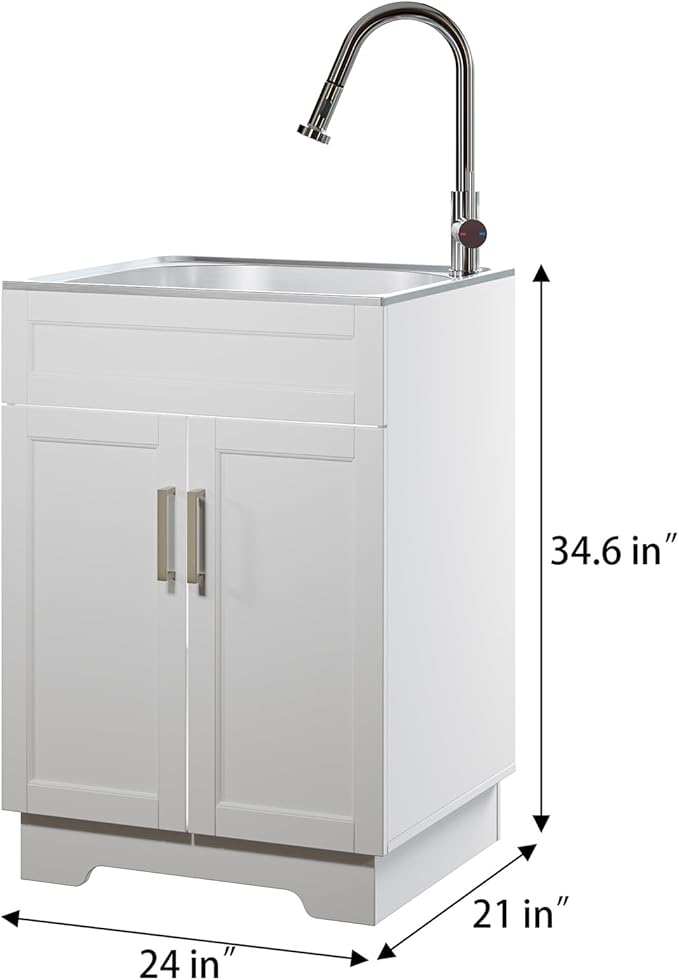 Laundry Sink Cabinet with Stainless Steel Sink and Pull-Down Faucet, 24 Inch Large Utility Sink Cabinet for Laundry/Utility Room, Kitchen, Bathroom and Garage, White